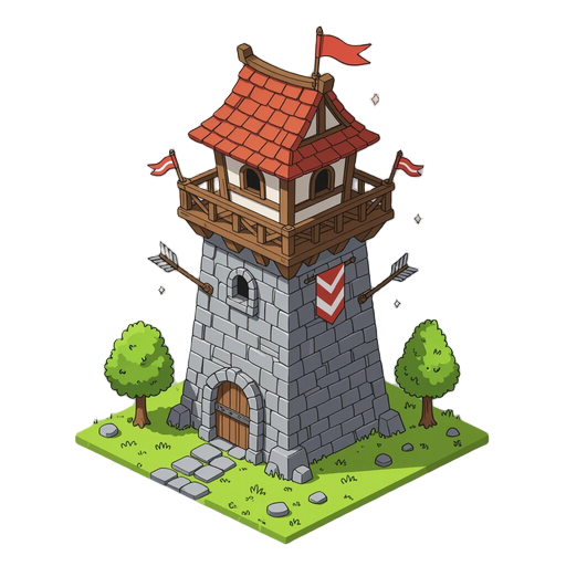 isometric 2d tower defense, vector-style hand-drawn, arrow tower, first-tier tower, wooden and stone details, small roof with banners, minimal clean lines, monochromatic palette with triadic color harmony, no ground, only tower