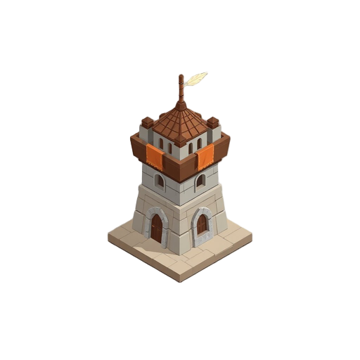 isometric 2d tower defense, vector-style hand-drawn, arrow tower, first-tier tower, wooden and stone details, small roof with banners, minimal clean lines, monochromatic palette with triadic color harmony, consistent light source and perspective, smooth s