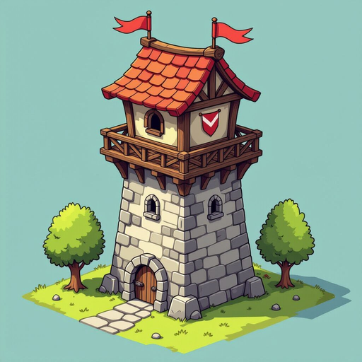 isometric 2d tower defense, vector-style hand-drawn, arrow tower, first-tier tower, wooden and stone details, small roof with banners, minimal clean lines, monochromatic palette with triadic color harmony, consistent light source and perspective, smooth s
