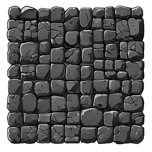 make a top-view tile set ground pebble square tile out of black rocks in a medieval stye, minimal linework