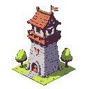 isometric 2d tower defense, vector-style hand-drawn, arrow tower, first-tier tower, wooden and stone details, small roof with banners, minimal clean lines, monochromatic palette with triadic color harmony