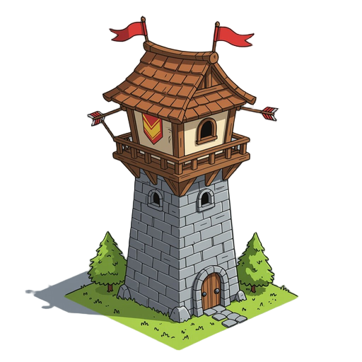 tower defense, vector-style hand-drawn, arrow tower, first-tier tower, wooden and stone details, small roof with banners, minimal clean lines, monochromatic palette with triadic color harmony, no ground, only tower
