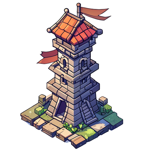 isometric 2d tower defense, vector-style hand-drawn, arrow tower, first-tier tower, wooden and stone details, small roof with banners, minimal clean lines, monochromatic palette with triadic color harmony, consistent light source and perspective, smooth s