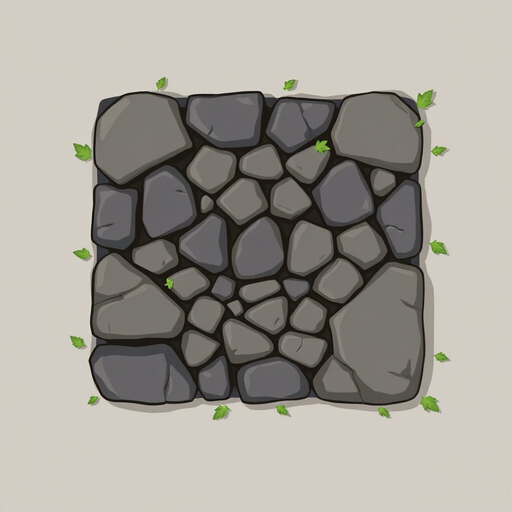 make a top-view ground pebble square tile out of black rocks in a medieval stye, minimal linework