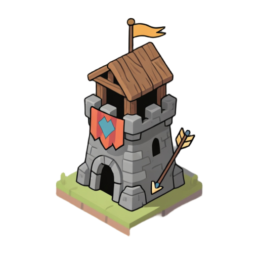 isometric 2d tower defense, vector-style hand-drawn, arrow tower, first-tier tower, wooden and stone details, small roof with banners, minimal clean lines, monochromatic palette with triadic color harmony, consistent light source and perspective, smooth s