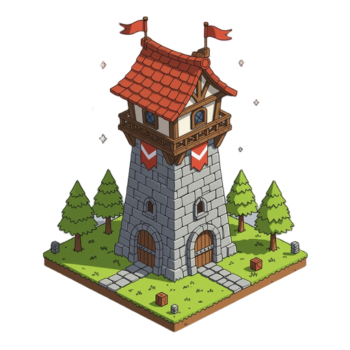 isometric 2d tower defense, vector-style hand-drawn, arrow tower, first-tier tower, wooden and stone details, small roof with banners, minimal clean lines, monochromatic palette with triadic color harmony, consistent light source and perspective, smooth s