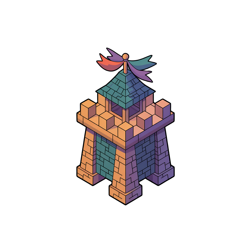 isometric 2d tower defense, vector-style hand-drawn, arrow tower, first-tier tower, wooden and stone details, small roof with banners, minimal clean lines, monochromatic palette with triadic color harmony, consistent light source and perspective, smooth s