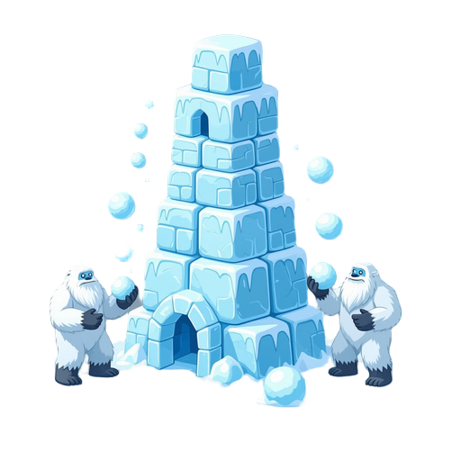 ice elemental tower, body made of white ice blocks like igloos, two large yetis standing beside it creating snowballs.