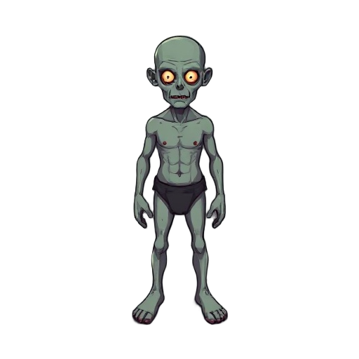 project zombie style, wearing only underwear and bald. 