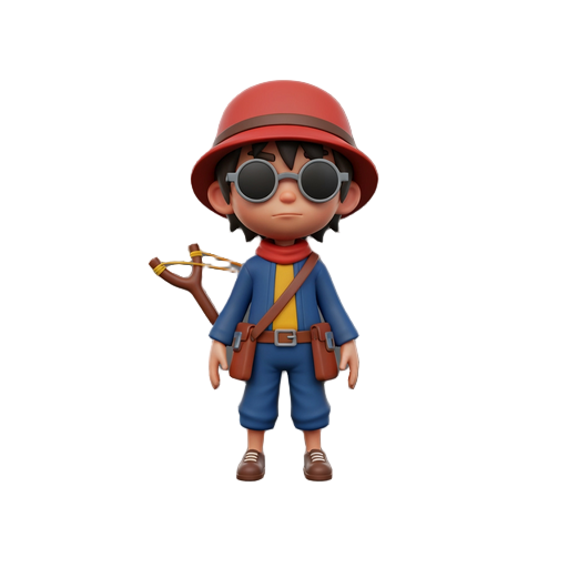 imagem 3d do meu persoangem do meu jogo rogue like. o personagem consiste em a arma principal ser um estilengue ou seja tem que fazer sentido como é o personagem junto com a arma dele. eu pensei em fazer uma criança estilosa ou algo do tipo em 3d.