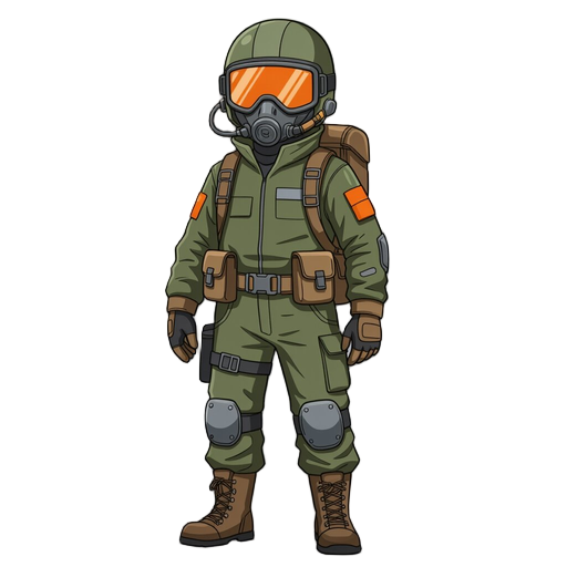 basic flight technician suit, brownish-green in color, with fluorescent orange goggles and a standard utility backpack.