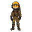 basic flight technician suit, brownish-green in color, with fluorescent orange goggles and a standard utility backpack.