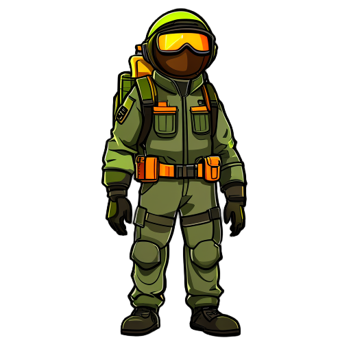 basic flight technician suit, brownish-green in color, with fluorescent orange goggles and a standard utility backpack.