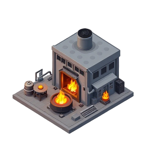 single industrial factory building producing iron plates with burning stove visible flames hot isometric top down view clean simple