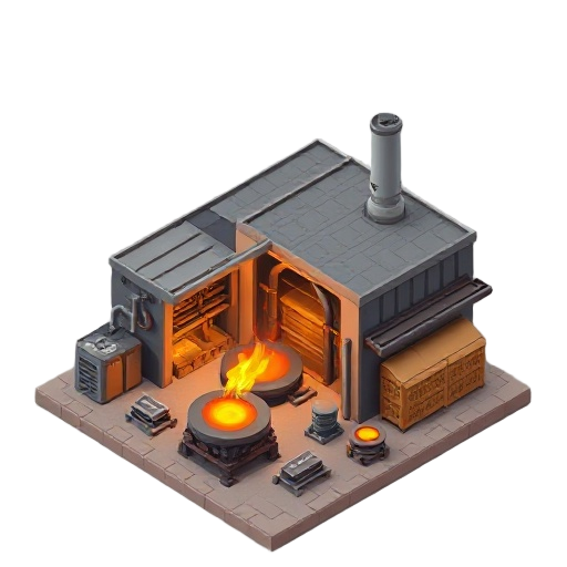 single industrial factory building producing iron plates with burning stove visible flames hot isometric top down view clean simple