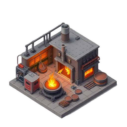 industrial factory building producing iron plates with burning stove visible flames hot isometric top down view clean simple