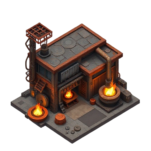 rusty single industrial factory building producing iron plates with burning stove visible flames hot isometric top down view clean simple