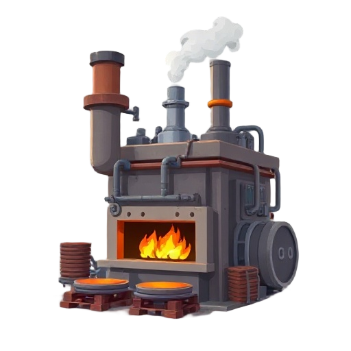 industrial factory building producing iron plates with burning stove visible flames hot
