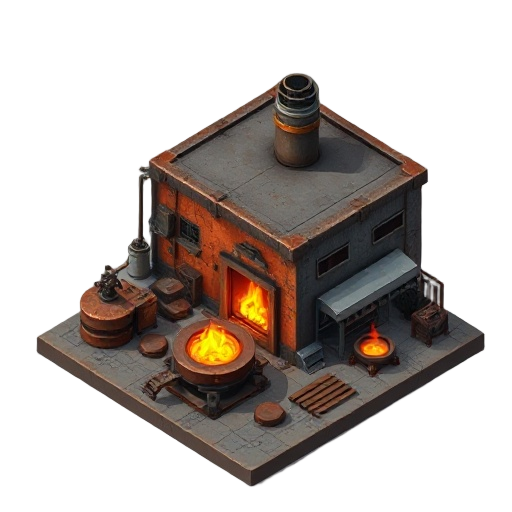rusty single industrial factory building producing iron plates with burning stove visible flames hot isometric top down view clean simple