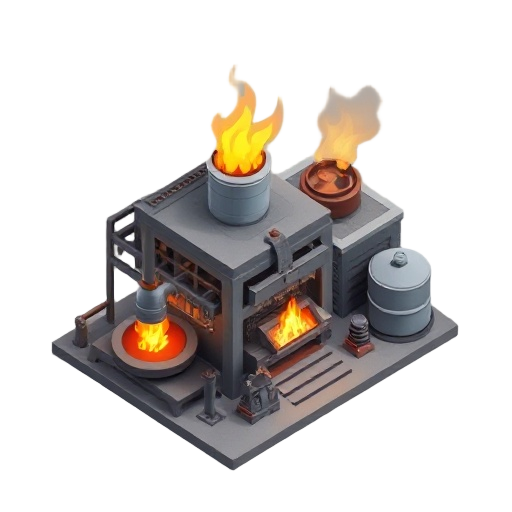 industrial factory building producing iron plates with burning stove visible flames hot isometric top down view