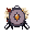art backpack.  round front shape, metal frame, straps. half angel (white, gold, small folded wing), half demon (red, black, small horn). central gem split light/fire. strong outline and tibia shading.