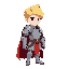 a chibi style male knight. blonde hair. full body steel armor. red cape.