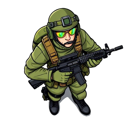 a top-down character design of a soldier in full combat gear, drawn in a bold and dynamic comic book style. he is holding an assault rifle ready for action. the design should be clear and readable from above, with vibrant colors, cel-shading, and strong b