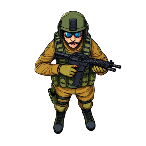 a top-down character design of a soldier in full combat gear, drawn in a bold and dynamic comic book style. he is holding an assault rifle ready for action. the design should be clear and readable from above, with vibrant colors, cel-shading, and strong b
