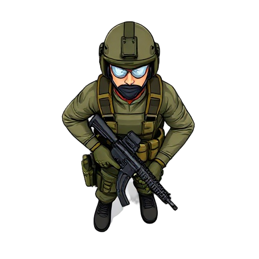 2d pixel top-down tactical view of a soldier, visible from the waist up, in a comic book style. he is holding a rifle, wearing a helmet and tactical vest. clean 2d character design, isolated on white