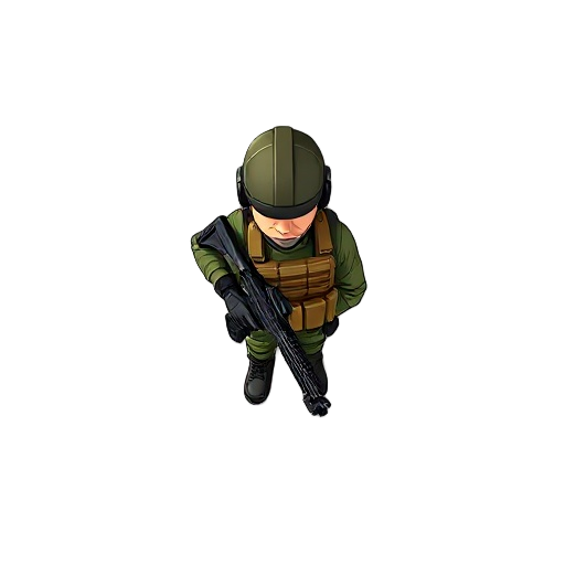 top-down tactical view of a soldier, visible from the waist up, in a comic book style. he is holding a rifle, wearing a helmet and tactical vest. clean 2d character design, isolated on white