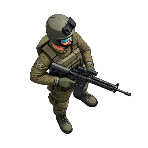 2d pixel top-down tactical view of a soldier, visible from the waist up, in a comic book style. he is holding a rifle, wearing a helmet and tactical vest. clean 2d character design, isolated on white