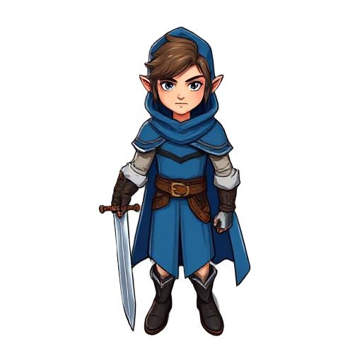 (herói estilo elden ring 2d) com uma capa azul cavaleiro e espada desgastada