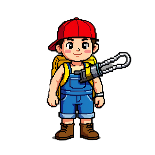 a small cartoon boy adventurer with a red cap, blue overalls, yellow backpack, and a grappling hook gun. retro pixel art style, bright colors, inspired by classic arcade games like pang and bubble bobble.