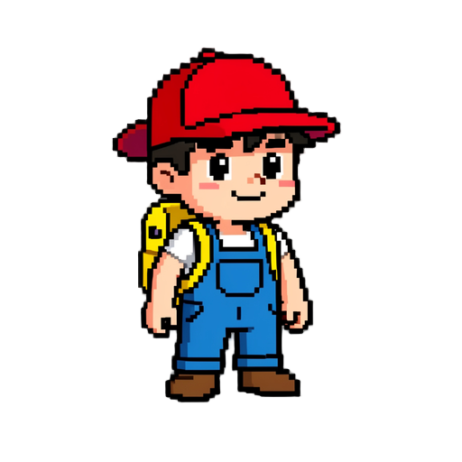 a small cartoon boy adventurer with a red cap, blue overalls, yellow backpack. retro pixel art style, bright colors, inspired by classic arcade games like pang and bubble bobble.
