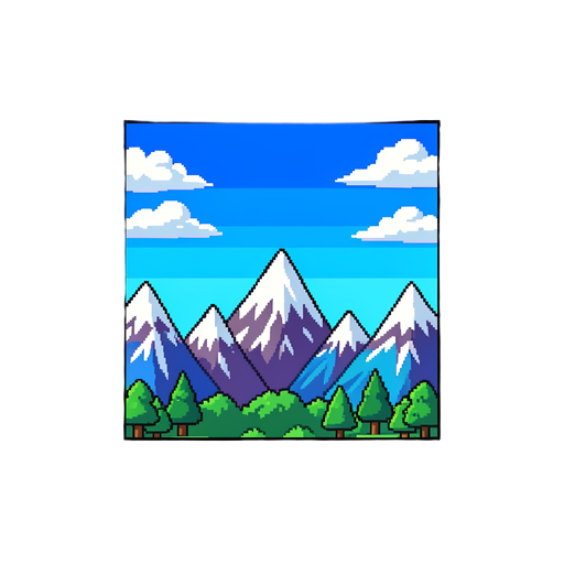 retro arcade game background, bright blue sky with clouds, snowy mountains in the distance. pixel art style, colorful and vibrant, no characters or ui elements.