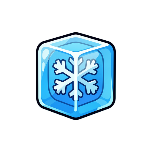 a cartoon-style ice cube power-up sprite with a snowflake inside the cube. the cube is bright blue with bold outlines and shiny highlights, giving it a glossy arcade look. the snowflake in the center is solid white and light blue. the cube has a glowing a