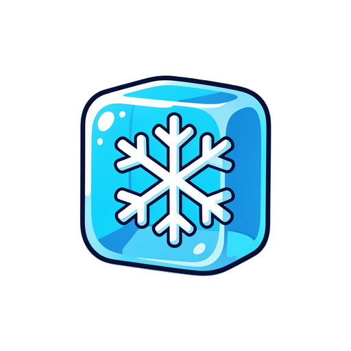 a cartoon-style ice cube power-up sprite with a snowflake inside. the cube is bright blue with bold outlines and shiny highlights, giving it a glossy arcade look. the snowflake in the center is solid white and light blue. the cube has a glowing aura aroun