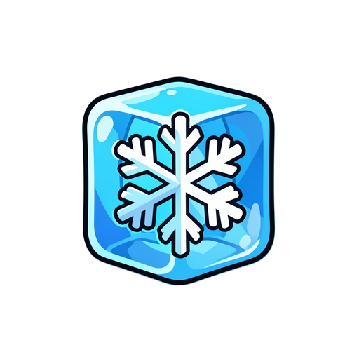 a cartoon-style ice cube power-up sprite with a snowflake inside. the cube is bright blue with bold outlines and shiny highlights, giving it a glossy arcade look. the snowflake in the center is solid white and light blue. the cube has a glowing aura aroun