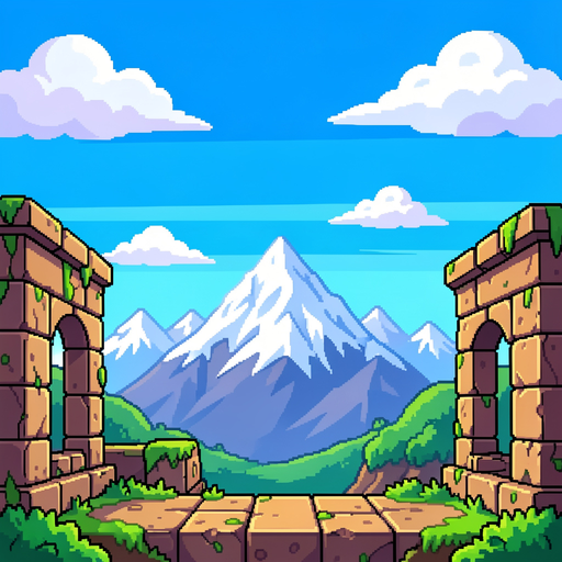 retro arcade game background, bright blue sky with clouds, ancient stone ruins on the sides, snowy mountains in the distance. pixel art style, colorful and vibrant, no characters or ui elements.