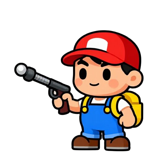 a small cartoon boy adventurer with a red cap, blue overalls, yellow backpack, and a grappling hook gun. retro pixel art style, bright colors, inspired by classic arcade games like pang and bubble bobble.
