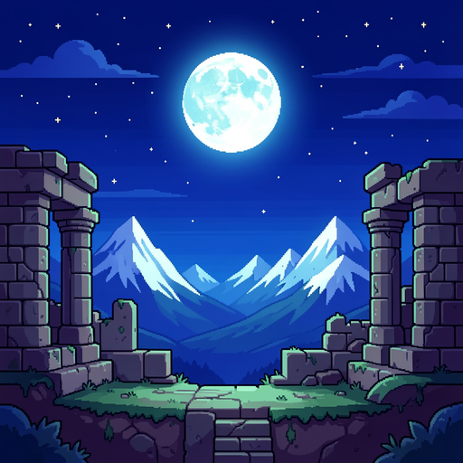 retro arcade game background, dark blue night sky with stars and a glowing moon, ancient stone ruins on the sides, snowy mountains in the distance. pixel art style, atmospheric and vibrant, no characters or ui elements.