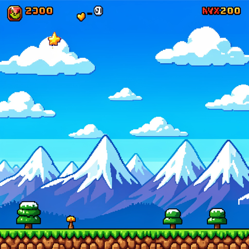 retro arcade game background, bright blue sky with clouds, snowy mountains in the distance. pixel art style, colorful and vibrant.