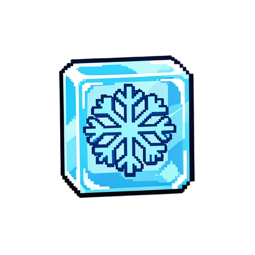 a solid ice cube power-up sprite with a snowflake inside. the cube is translucent icy blue with white highlights on the edges, giving a crystalline look. the snowflake in the center is solid, bright blue and white. pixel art style, centered, with transpar