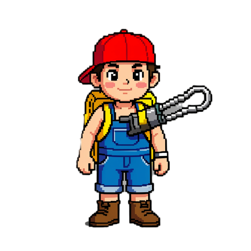a small cartoon boy adventurer with a red cap, blue overalls, yellow backpack. retro pixel art style, bright colors, inspired by classic arcade games like pang and bubble bobble.