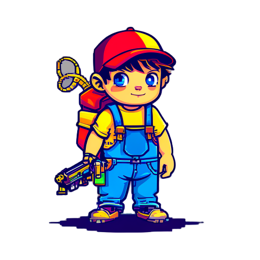 a small cartoon boy adventurer with a red cap, blue overalls, yellow backpack, and a grappling hook gun. retro pixel art style, bright colors, inspired by classic arcade games like pang and bubble bobble.
