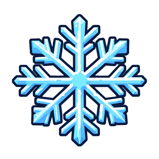 a solid ice crystal power-up sprite, shaped like a symmetrical snowflake with six branches. the interior is completely filled with icy blue and white colors, no transparent holes inside. shiny highlights on the edges to give a crystalline look. pixel art 