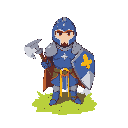 knight in blue armour with axe and shield, helmet with open visor, 
