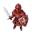 knight in red armour with sword and shield, helmet with closed visor, 