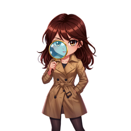 anime style, a detective girl with brown hair and trench coat, holding a magnifying glass, standing on a rainy city street at night, neon signs, cinematic, dramatic lighting, detailed eyes