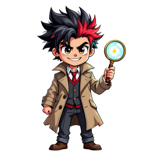 masterpiece, best quality, 1boy, a quirky male detective with sharp canines and wild, spiky black-and-red hair, wearing a tattered trench coat over a school uniform. he has one normal brown eye and one glowing supernatural eye that can see ghosts. dynamic
